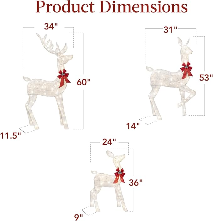 Best Choice Products 3-Piece Large Lighted Christmas Deer Family Set 5Ft Outdoor Yard Decoration with 360 LED Lights, Stakes, Zip Ties - White