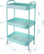 3 Tier Organizer Cart on Wheels, Metal Rolling Storage Cart with Wheels, Mobile Shelving Multifunction Storage Trolley with 4 Hooks fo Laundry Room Bathroom Kitchen Office, Green