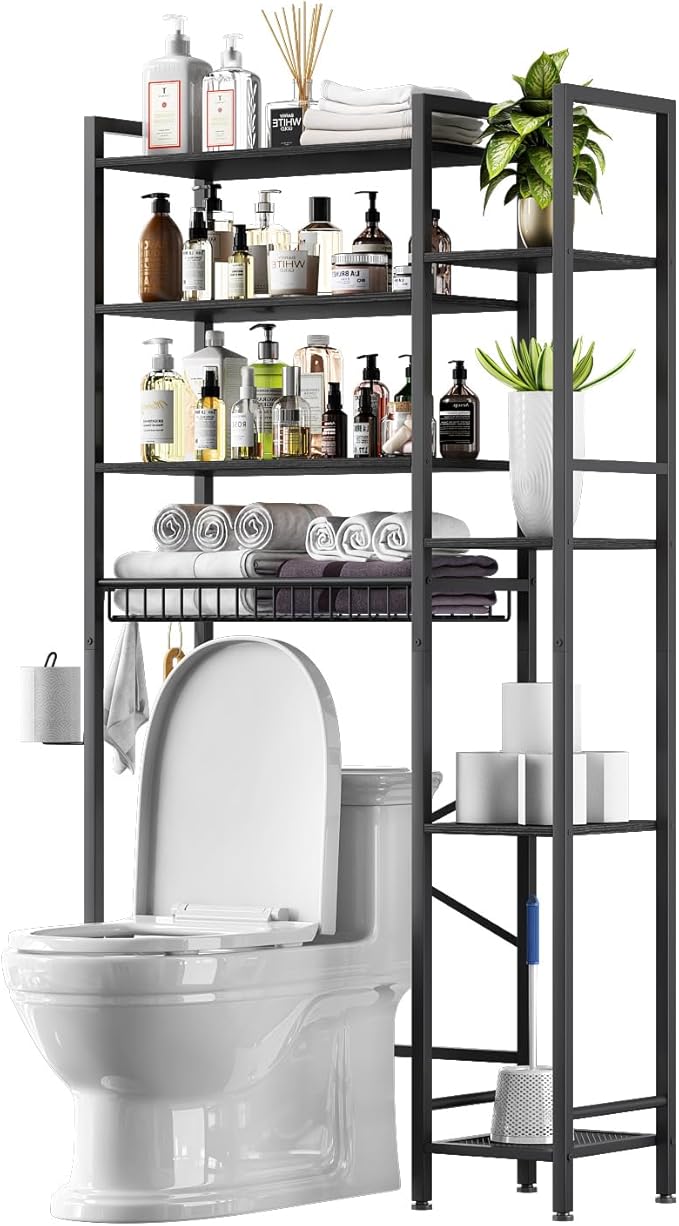 8-Tier Over The Toilet Storage with Side Rack, Over Toilet Storage Rack with Adjustable Shelf & Drain Basket, Freestanding Bathroom Organizer for Balcony, Laundry (Pure Black)