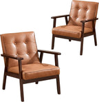 ANJ Mid Century Modern Accent Chair Set of 2 for Living Room, Tufted Faux Leather Armchair, Comfy Retro Bedroom Side Chair with Dark Wood Frame, Orange Brown