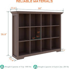 Cube Shelf Bookcase with Base - Wooden 3 Tiers Floor Standing Low Storage Cabinet for Home and Office, 12-Cube Lattice Bookshelf, Walnut
