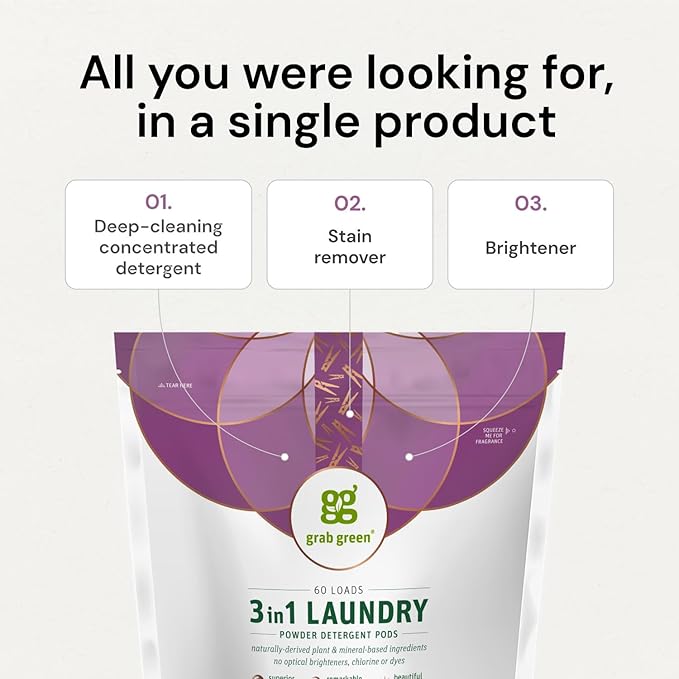 Grab Green 3-in-1 Laundry Detergent Pods, 60 Count, Lavender Vanilla Scent, Plant and Mineral Based, Superior Cleaning Power, Stain Remover, Brightens Clothes