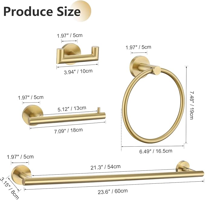 10-Piece Brushed Gold Towel Bar Set Bathroom Hardware Set Include 23.6in Towel Bar Toilet Paper Holder Towel Ring Upgraded Towel Hooks Towel Holder Set for Bathroom Stainless Steel Wall-Mounted