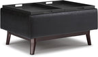 SIMPLIHOME Owen 34 inch Wide Mid Century Modern Rectangle Tray Top Small Coffee Table Storage Ottoman in Distressed Black Vegan Faux Leather, Assembled, for the Living Room, Entryway and Family Room