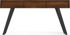 SIMPLIHOME Lowry Console Table - 60 Inch Wide Solid Walnut Veneer and Metal Sofa Table, Modern Industrial Storage Table for Entryway or Living Room with 3 Drawers and Angled Metal Legs