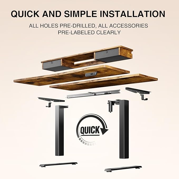Veken 47.2"×27.6" Standing Desk with Storage Drawers, Adjustable Height Computer Table with Monitor Shelf, Home Office Desk for Study, Gaming, Workstation, Brown