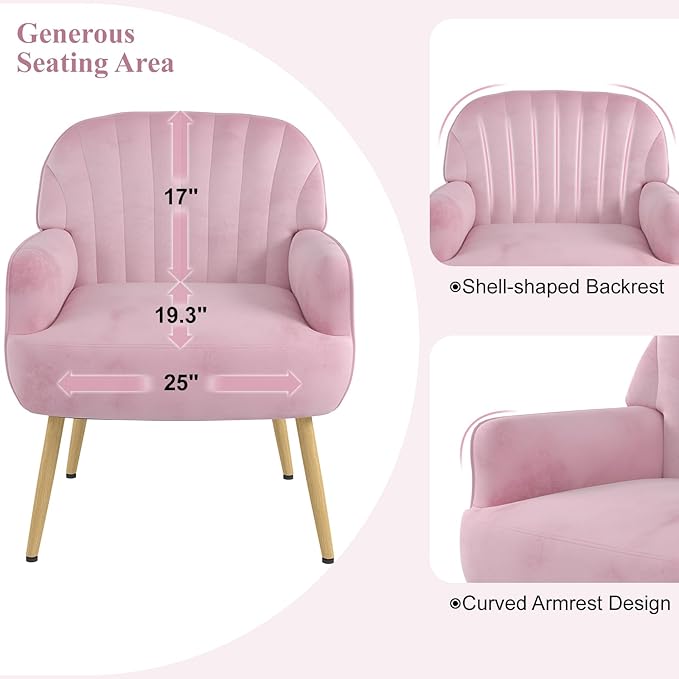 Velvet Accent Chair, Upholstered Modern Leisure Single Sofa Side Chair, Comfy Tufted Back Armchair with Metal Legs for Living Room/Bedroom/Office/Reading Room, Pink