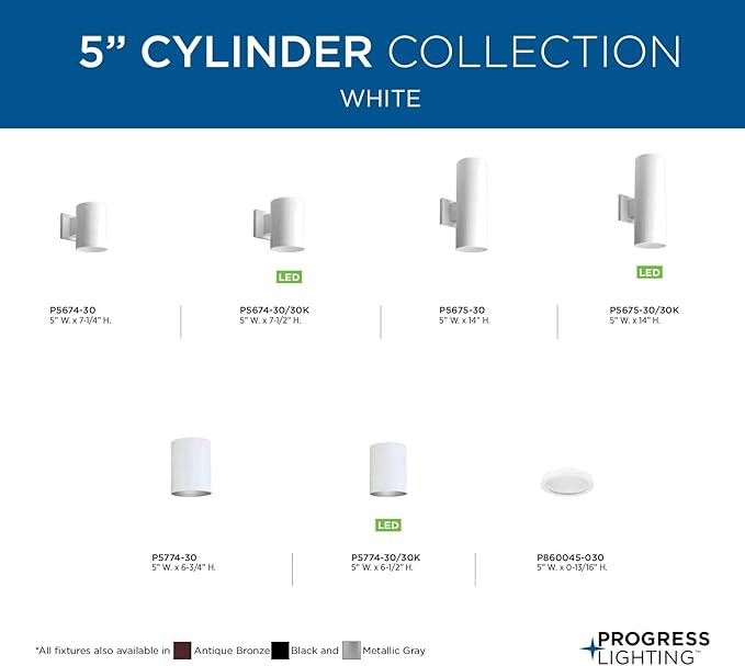 Progress Lighting 5-Inch Cylinder Outdoor Ceiling Light, 1-Light Modern Flush Mount Ceiling Fixture, Interior and Exterior Lighting for Home or Porch, Aluminum Construction, White, P5774-30