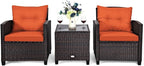 Tangkula 3 Pieces Patio Furniture Set, PE Rattan Wicker 3 Pcs Outdoor Sofa Set w/Washable Cushion and Tempered Glass Tabletop, Conversation Furniture for Garden Poolside Balcony (Orange)