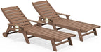 SERWALL Patio Chaise Lounge Chair Set of 2, 78'' Long HDPE Outdoor Lounger, 5 Positions Adjustable Poly Lounge Chair with Rolling Wheels & Cup Holder for Pool, Brown