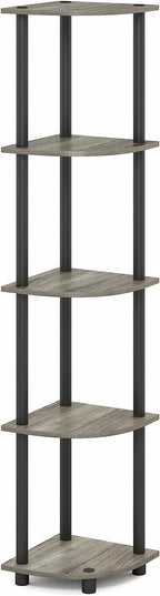 Furinno Turn-N-Tube Corner Shelf, 5-Tier Corner Bookshelf, Open Storage Shelves, for Organization and Storage, Living Room, Home Office, Garage, Bedroom, Grey Oak