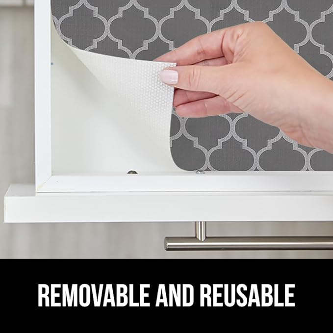 GORILLA GRIP DripGuard Shelf Liner, Non Adhesive Drawer and Kitchen Cabinet Protector, Slip Resistant BPA Free Smooth Surface Plastic Liners for Cabinets, Bathrooms, Closets, 12x240 Inch, White Gray