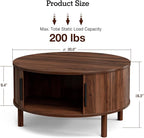 Coffee Table for Living Room, Modern Round Coffee Table with Cabinets & Sliding Doors, Home Small Space, 29.9" Fluted Center Table, Walnut