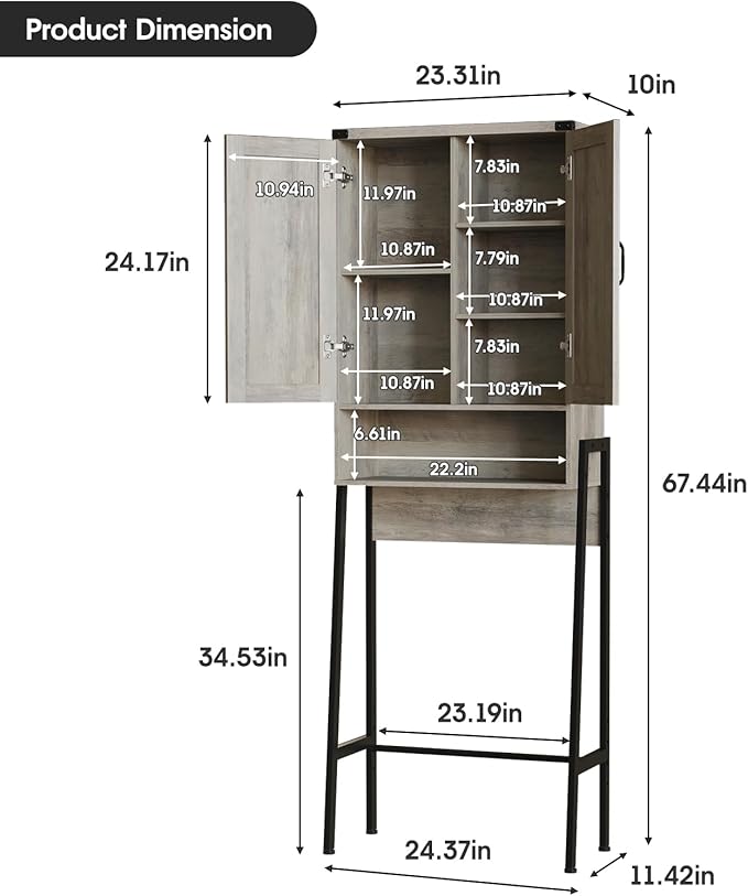 Vabches Over The Toilet Storage Cabinet with 2-Door Design Bathroom Organizers and Storage with Anti-Tip Device Over Toilet Organizer with Shelves for Bathroom,Restroom,Laundry Grey