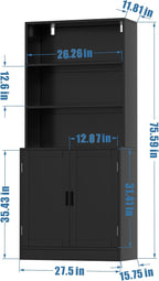 75" Tall Bookcase with Doors, 5 Tier Large Bookshelf with Cabinet, Standing Wood Display Book Shelf for Living Room, Office, Library with Doors, Black