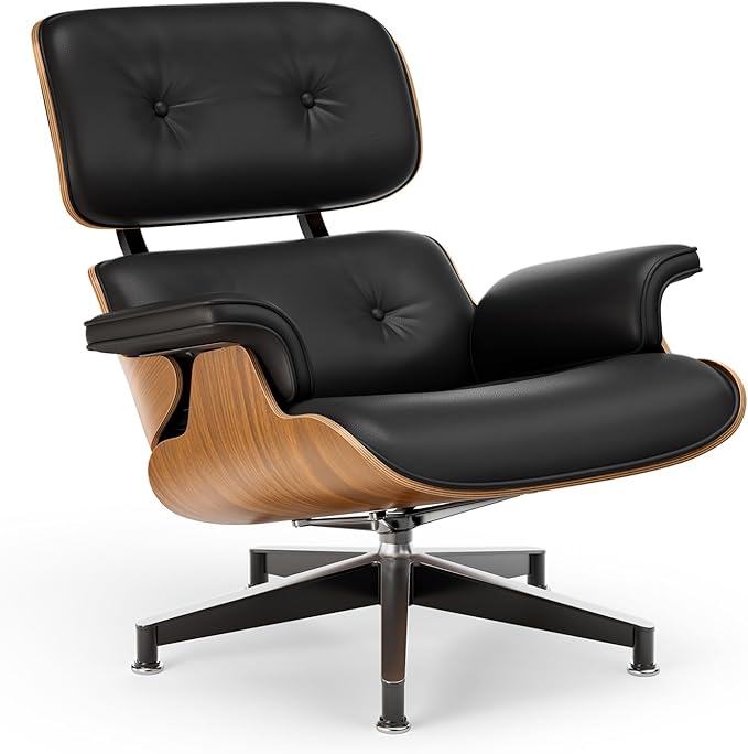 Top Black PU Leather, Mid Century Chaise Lounge Chair and Ottoman, Modern Chair Classic Design, Walnut Wood, Heavy Duty Base Support for Living Room Office