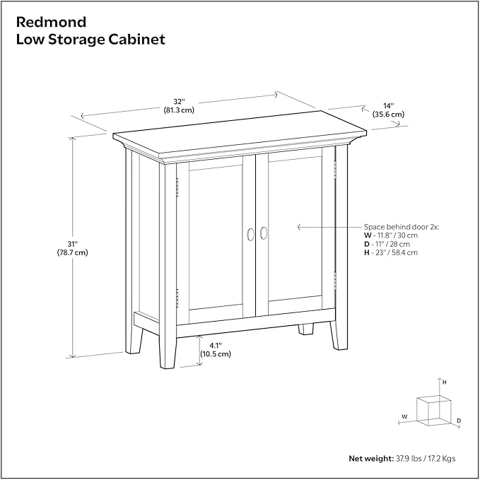 SIMPLIHOME Redmond SOLID WOOD 32 inch Wide Transitional Low Storage Cabinet in White for the Living Room, Entryway and Family Room