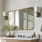ANDY STAR Bathroom Mirror for Wall, 30x40 Inch Gold Rectangle Mirror for Bathroom with Rounded Corner, Modern Brushed Brass Vanity Rectangular Mirrors with Tube Metal Frame, Wall Mounted