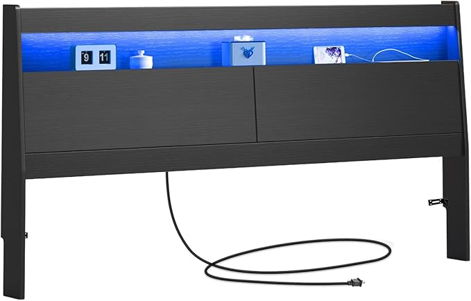 Headboard Only,Modern Headboard with Storage Built-in Power Outlets 2 USB Ports LED Lighting, Gap-Free Wall Design Easy Assembly (Black, Queen (U.S. Standard))