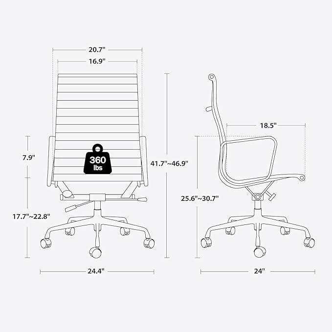 Ribbed Office Chair with Top Grain Leather - High Back Ergonomic Desk Chair with Aluminum Arm Rest and 5-Star Base, Swivel Chair Dark Blue
