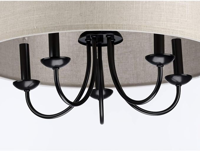 Progress Lighting Drum Shade Collection Five-Light Chandelier, Farmhouse Style Hanging Ceiling Light Fixture for Dining Rooms, Foyers, Harvest Linen Shade, Matte Black