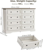 Farmhouse 8 Drawer Dresser for Bedroom, 54" Wide Wood Dresser with Natural Texture, Vintage Metal Double Hand Knobs, Rustic Chest of Drawers for Bedroom, Living Room, Hallway, Antique White