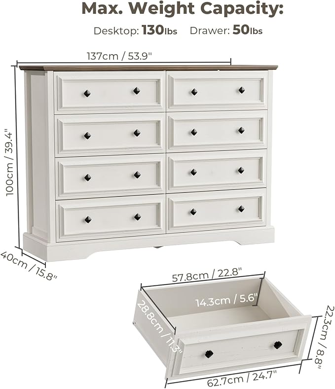 Farmhouse 8 Drawer Dresser for Bedroom, 54" Wide Wood Dresser with Natural Texture, Vintage Metal Double Hand Knobs, Rustic Chest of Drawers for Bedroom, Living Room, Hallway, Antique White