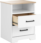 Prepac Rustic Ridge Farmhouse Nightstand Bedside Table, White and Oak Nightstand for Bedroom, End Table with 2 Drawers and Open Shelf 16.25" D x 18.75" W x 24.5" H