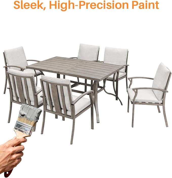 7-Piece Outdoor Patio Dining Set, Aluminum Patio Dining Set with 2.2" Umbrella Hole, Outdoor Table and Chairs with Cushions, Patio Furniture Sets for Lawn, Garden, Backyard, Limed Oak