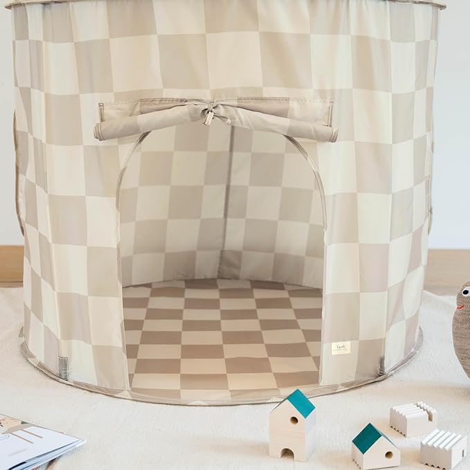 3 Sprouts Kids Play Tent - Sustainable Recycled Fabric – Fun Spacious Childs Playhouse for Indoor Games for Boys & Girls - Durable Fort Pop Up House for Toddlers & Children Age 3-10 - Checkered Beige