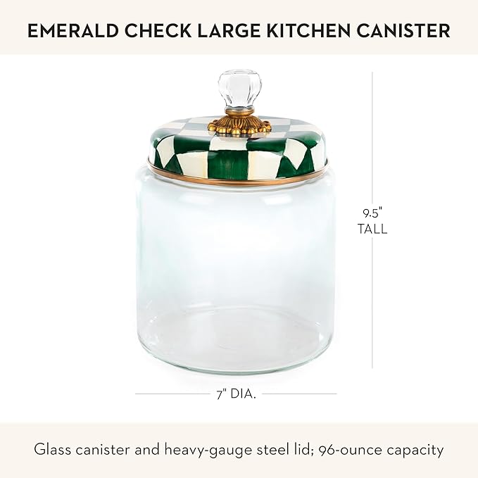MACKENZIE-CHILDS Large Kitchen Canister, Decorative Glass Storage Jar with Lid, Green-and-White Emerald Check