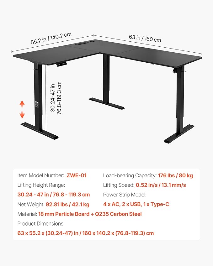 VEVOR L Shaped Standing Desk with Wheels, 63 x 55 inch 3-Level Height Adjustable Electric Corner Standing Desk with Power Outlet, Heavy Duty Carbon Steel Sit Stand Computer Table, Easy to Assemble
