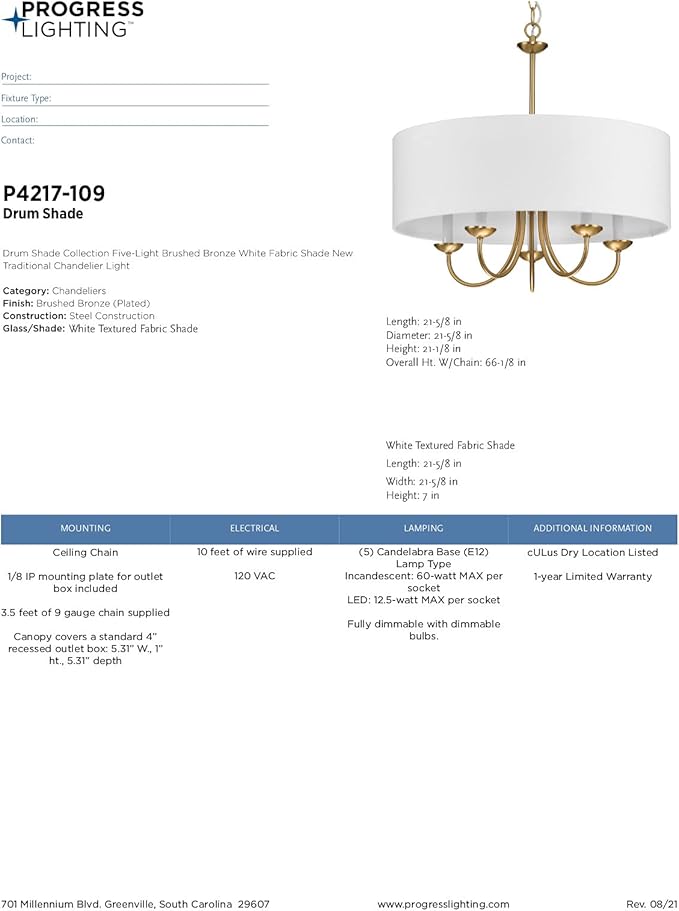 Progress Lighting Drum Shade Collection Five-Light Chandelier, Farmhouse Style Hanging Ceiling Light Fixture for Dining Rooms, Foyers, White Fabric Shade, Brushed Bronze