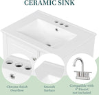 24 Inch Bathroom Vanity with Sink, Freestanding Bathroom Sink Cabinet with 3 Drawers and Storage Door Rack Organizer, Solid Wood Legs, White
