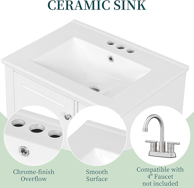 24 Inch Bathroom Vanity with Sink, Freestanding Bathroom Sink Cabinet with 3 Drawers and Storage Door Rack Organizer, Solid Wood Legs, White