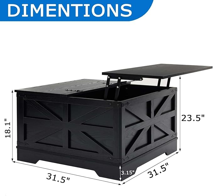 Lift Top Coffee Table, 31.5" Square Coffee Table with Storage, Farmhouse Coffee Tables for Living Room, Cocktail Tables with Large Hidden Compartment, Rustic Black