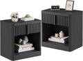 Fluted Nightstand Set of 2 with Charging Station, 23.6" Wood End Table with Solid Wood Handle, Curved Profile Design, Mid Century Moden Bedside Table for Bedroom, Black