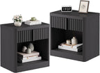Fluted Nightstand Set of 2 with Charging Station, 23.6" Wood End Table with Solid Wood Handle, Curved Profile Design, Mid Century Moden Bedside Table for Bedroom, Black