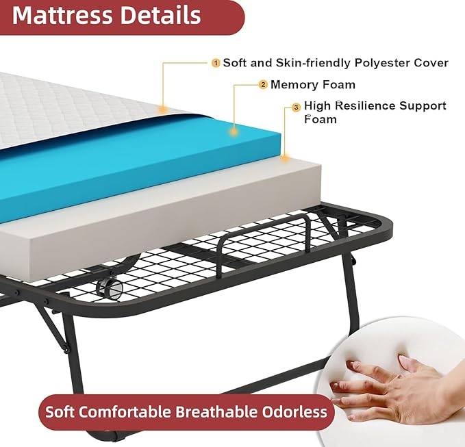 Folding Bed with Mattress, 75''x38'' Twin Size Rollaway Bed with Upgraded Rugged Frame, Guest Portable Foldable for Adults, Space-Saving Fold up