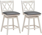 COSTWAY Bar Stool Set of 2, 360° Swivel Counter Height 25inch Bar Stool with Foot Rest Upholstered Cushion & Ergonomic Backrest, Sturdy Frame, for Pub, Kitchen Islands (2, Antique White + Grey)