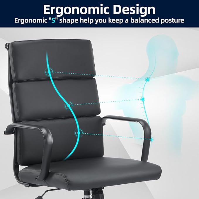Office Chair, Ergonomic Adjustable Desk Chair, Mid Back Executive Comfortable Leather Lumbar Support Home Computer Chair with Padded Seat Swivel Wheels