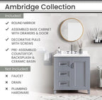 Hanover Ambridge 31'' Vanity Cabinet with Sink Combo for Bathroom, Powder Room | Pre-Assembled Cabinet | 1 Door, 3 Drawers | Artificial Stone Countertop, Gray Cabinet | HANVN0104-31-0GR