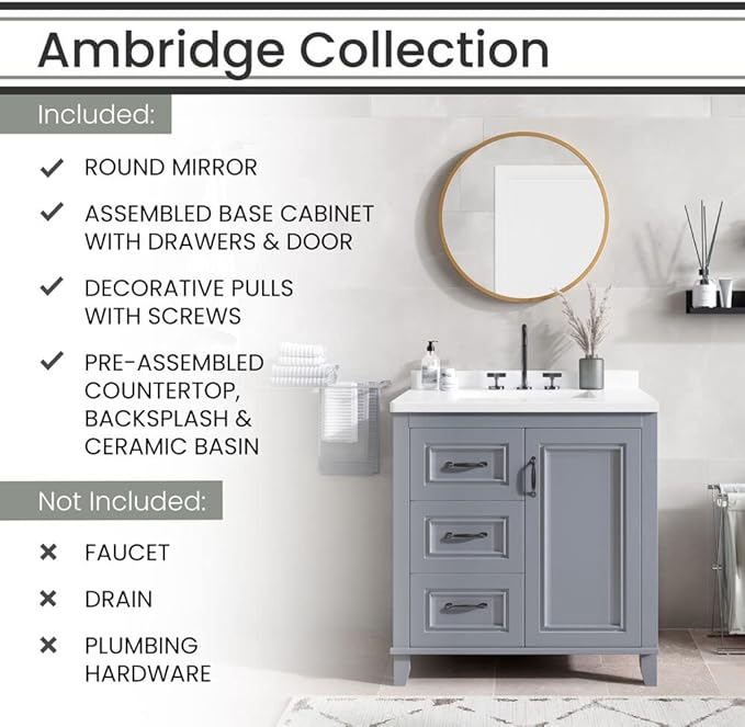 Hanover Ambridge 31'' Vanity Cabinet with Sink Combo for Bathroom, Powder Room | Pre-Assembled Cabinet | 1 Door, 3 Drawers | Artificial Stone Countertop, Gray Cabinet | HANVN0104-31-0GR