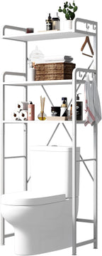 Over The Toilet Storage Rack with 3-Tier Bathroom Shelves, Space Saver Toilet Shelf, Bathroom Storage Organizer with Hooks for Over Toilet Storage and Shelf (White)
