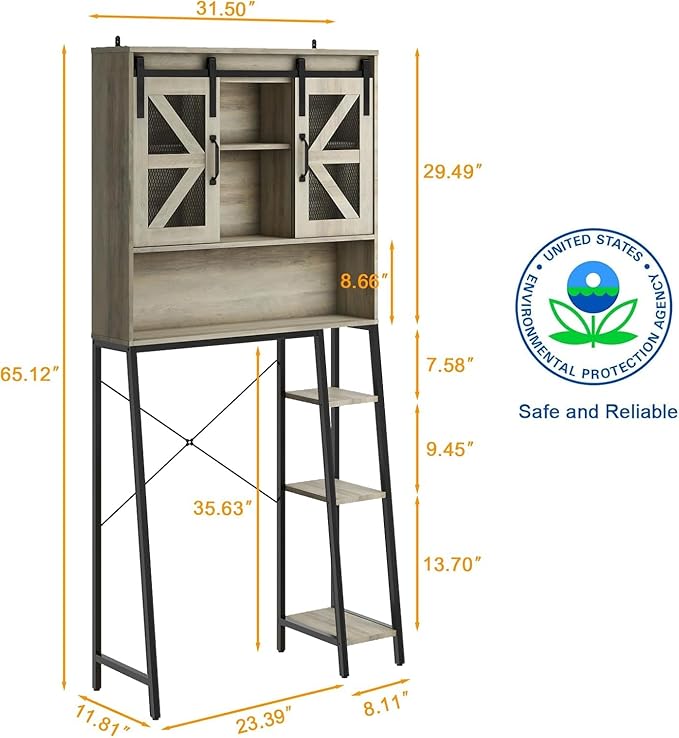 Over The Toilet Storage Cabinet, Farmhouse Storage Cabinet Over Toilet with 2 Sliding Barn Door，Home Space-Saving Toilet Rack, for Bathroom, Restroom, Laundry.(Grey)