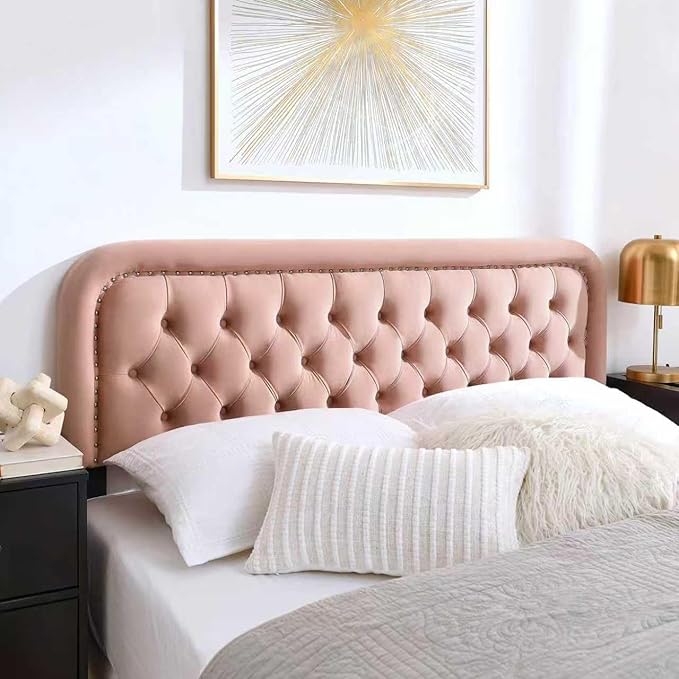 BeyetseaTufted Upholstered Pink King Headboard only-Button Solid Wood HeadBoards with Adjustable Height-Modern Velvet Padded Bed Head Boards-Easy Install&Nailhead