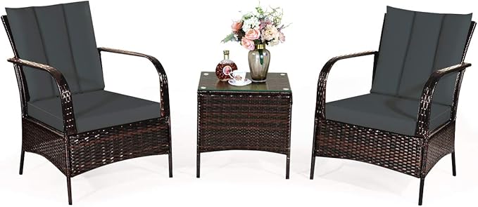 COSTWAY 3 Pieces Patio Rattan Furniture Set, Outdoor Conversation Chair Set with Coffee Table & 2 Cushions for Backyard, Porch, Poolside, Lawn, Garden, Grey