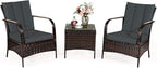COSTWAY 3 Pieces Patio Rattan Furniture Set, Outdoor Conversation Chair Set with Coffee Table & 2 Cushions for Backyard, Porch, Poolside, Lawn, Garden, Grey