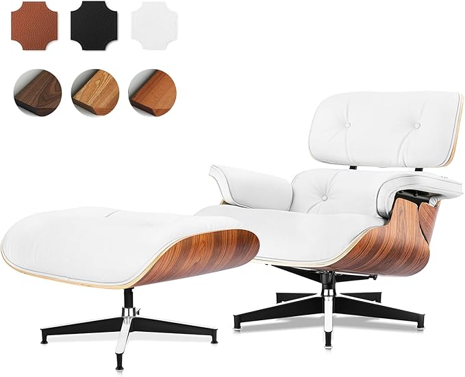 Top Grain Leather, Mid Century Chaise Lounge Chair and Ottoman, Modern Chair Classic Design, Heavy Duty Base Support for Living Room Study Lounge Office, Palisander-White