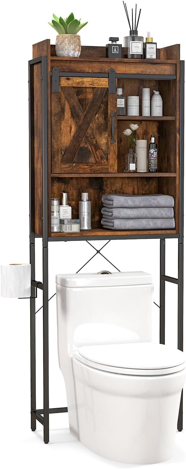 LOKO Over The Toilet Storage Cabinet, Freestanding Bathroom Space Saver with Adjustable Shelves & Sliding Barn Door, 4-Tier Over Toilet Bathroom Organizer, 25 x 9.5 x 67.5 inches (Rustic Brown)
